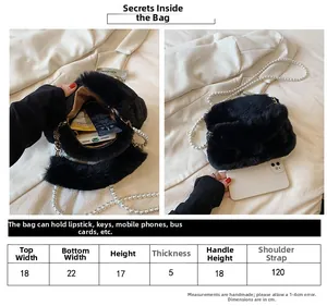 Detailed size chart for black plush crossbody bag with pearl chain and dimensions