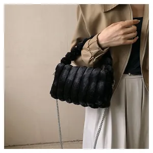 Detail of black faux fur handbag with 3D ribbed texture and silver chain strap