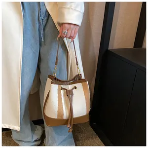 Detailed close-up of retro striped bucket bag with brown faux leather trim and gold buckle