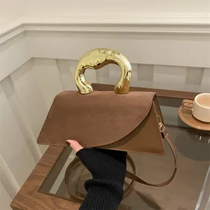 Women Elegant PU Leather Handbag Gold Irregular Metal Handle Minimalist Suede Texture Shoulder Crossbody Bag Casual Party