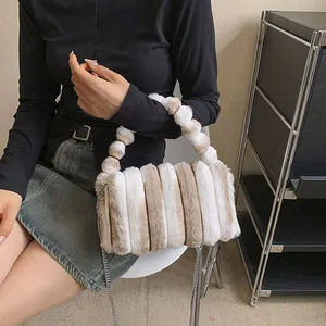 Furry striped plush handbag for women with metallic chain strap in beige and khaki
