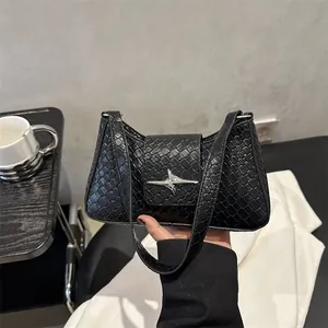 Fashion Women Star Buckle Underarm Bag PU Leather Woven Crocodile Pattern Shoulder Handbag Simple Casual Commuter Bag