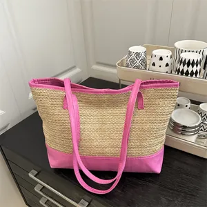Bolso Tote de Paja Tejida de Gran Capacidad para Mujer Bolso de Hombro de Playa Casual de Verano Con Empalme de Cuero PU