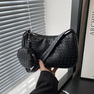 Women Woven PU Leather Underarm Bag And Round Coin Pouch Minimalist Large Capacity Shoulder Bag Trendy Fashion Handbag Purse