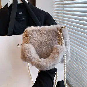 Women Faux Fur Artificial Pearl Chain Shoulder Bag Small Square Plush Handbag With Bow Metal Chain Elegant Crossbody Bag Autumn Winter
