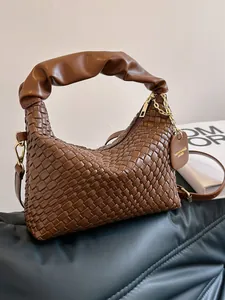 Sac à Main en Cuir PU Tissé pour Femme Avec Poignée Plissée Sac à Bandoulière Amovible Vintage Mode Sac Sacoche Femme