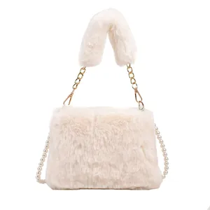 Elegant beige faux fur square shoulder bag with plush handle and pearl chain decoration