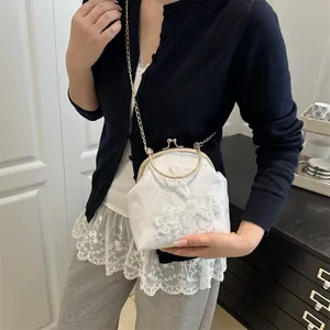 Vintage lace crossbody bag with butterfly embroidery and metal chain handle