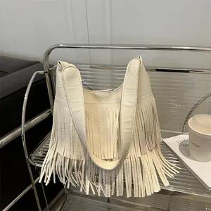 Damen Retro Große Kapazität PU Leder Schultertasche Mit Langen Quasten Modische Unterarm Umhängetasche Daily Tote