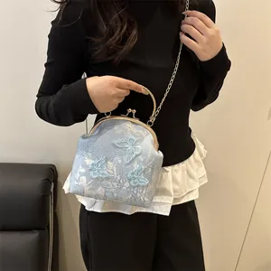 Light blue lace handbag with butterfly embroidery and golden chain strap in 2025 style