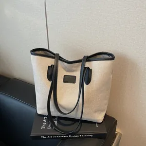 Large Capacity Canvas Tote Bag For Women Minimalist Contrast PU Leather Trim Shoulder Bag Daily Commuting Handbag