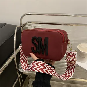 Women Fashion Camera Bag With Wide Patterned Shoulder Strap Letter Decoration Small Square Crossbody Bag Faux Suede Purse