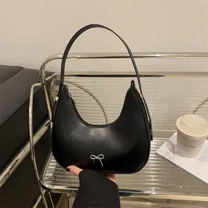 Women Fashion PU Leather Underarm Bag Small Hobo Bag With Silver Metal Bow Simple Baguette Shoulder Bag For Daily Commute