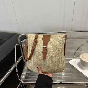 Women Woven Straw Crossbody Bag Casual Beach Vacation Shoulder Bag With Synthetic Leather Trim Metal Buckle Small Square Bag