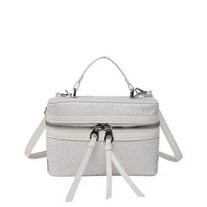 White woven box handbag with silver dual zippers and fringe tassels for women