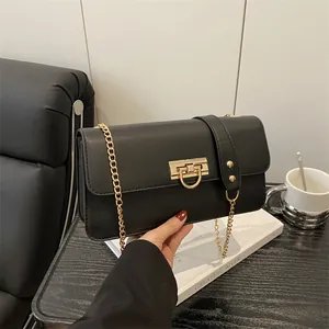 French Minimalist PU Leather Underarm Bag For Women Fashion Rectangle Flap Shoulder Bag With Gold Metal Lock Chain Strap