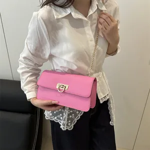 French style bright pink baguette shoulder bag with gold chain and metal buckle