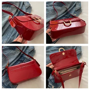 Detailed views of a red patent leather shoulder bag with a gold buckle and adjustable strap