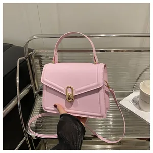 Detail of light pink crossbody bag with gold oval twist lock and smooth leather texture