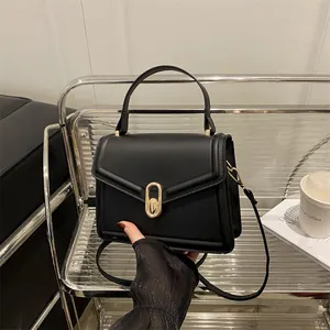 Women's Chic PU Leather Small Square Bag With Gold Metal Lock Handle Adjustable Single Strap Crossbody Shoulder Bag Summer Fashion