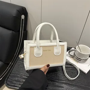 Vintage Women Splicing Small Square Bag PU Leather Woven Mini Tote Bag With Dual Handles Adjustable Shoulder Crossbody Bag