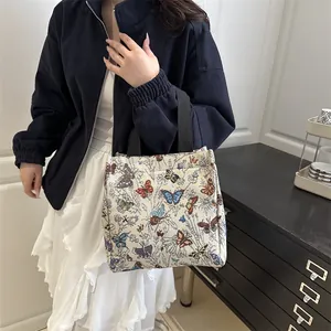 Large capacity butterfly jacquard tote bag with black canvas straps for women daily commuting