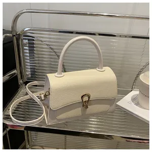 Detail of off-white handbag with woven flap texture and elegant gold metal buckle