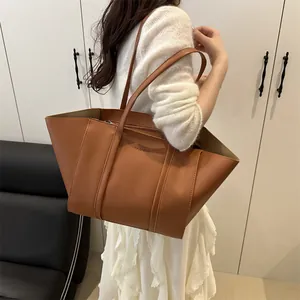 Large capacity vintage brown tote bag with FASHION print and long shoulder straps