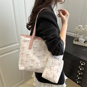 Pink bow printed tote bag and pouch set for college women with white PU leather finish