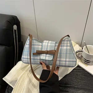 Sac sous le bras Rétro à Carreaux pour Femme Décontracté en PU et Tissu avec Nœud en Cuir Marron Élégant Sac Baguette pour Quotidien