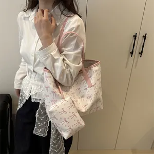 Women's pink bow heart printed tote bag and pouch set for college or commute