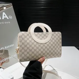 Women Fashion PU Leather Monogram Print Crossbody Bag With Round Handle Small Square Shoulder Bag For Daily Use Lifestyle