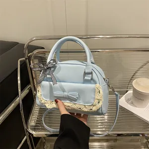 Vintage PU Leather Handbag For Women Sweet Lace Patchwork Bow Shoulder Bag Casual Daily Office Small Square Crossbody Bag