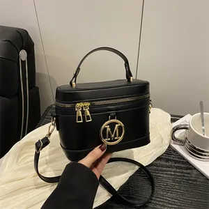 Fashion PU Leather Vanity Box Bag Gold Metal M Logo Small Square Crossbody Handbag With Top Handle Adjustable Strap For Women