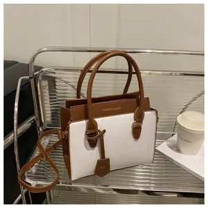 Detail of two-tone crossbody bag with lychee texture and dual handles in urban setting