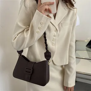 Retro dark coffee shoulder bag with crocodile texture and braided strap for women