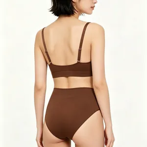 Deep brown wireless bra and high-waist panty set with adjustable straps, back view