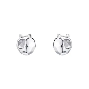 Minimalist silver irregular geometric metal hoop earrings with hammer textured finish