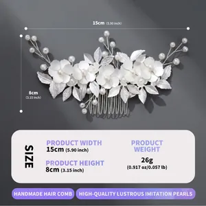 Handmade floral hair comb with silver leaf vines and white pearls for wedding