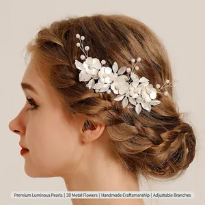 Handmade Bridal Hair Comb Silver Alloy Leaf White Fabric Flower Imitation Artificial Pearl Wedding Banquet Hairclip Women Headpiece