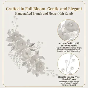 Silver floral bridal hair comb with pearls and rhinestones on beige background