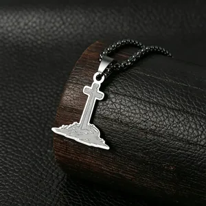 Vintage Stainless Steel Cross On Hill Pendant Necklace For Men Women Gothic Religious Jewelry Box Chain Gift Accessory