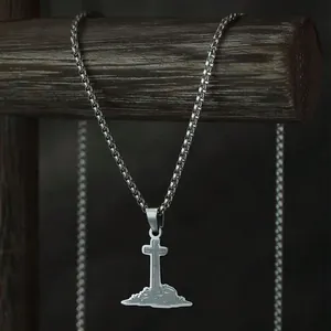 Stainless steel cross on hill pendant necklace with vintage metallic ball chain accessory