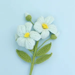 Gros plan de fleurs crochetées à la main avec pétales bleus et centre jaune sur tiges