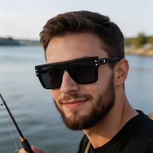 Polarized square sunglasses for men featuring matte black frame and silver rivet details