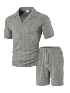 Detail of grey ribbed short sleeve button shirt and drawstring shorts two-piece set