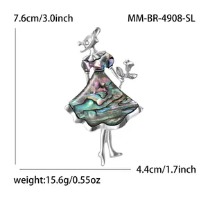 Elegant shell rose lady brooch pin in silver alloy, size 7.6cm by 4.4cm for women