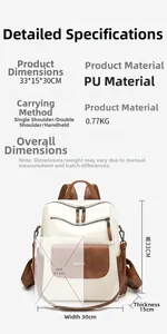 Detailed view of the dual-tone PU leather backpack showing dimensions and functional straps