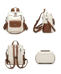 Four-angle view of two-tone PU leather backpack with multi-compartment design for women