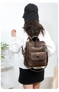 Detailed back view of a vintage dark coffee PU leather backpack with multiple zippers